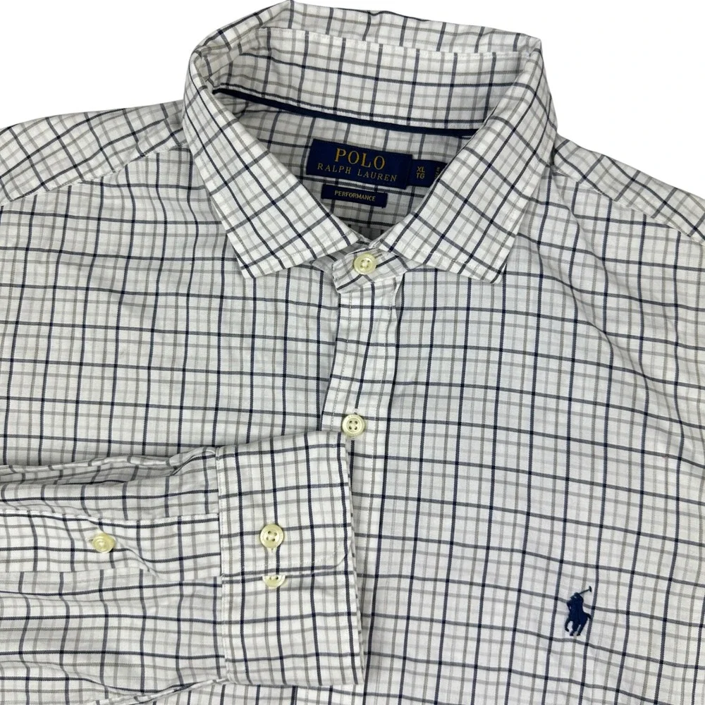 Polo Ralph Lauren Performance Shirt Mens XL White Blue Tattersall Plaid Stretch